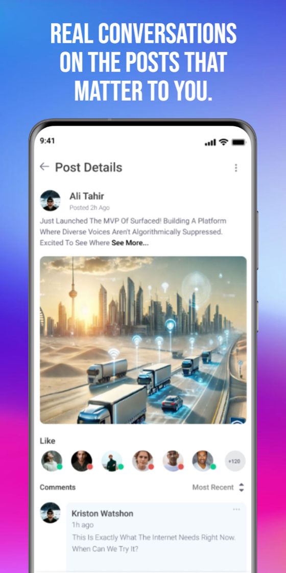 Surfaced Social post details screen with real conversations