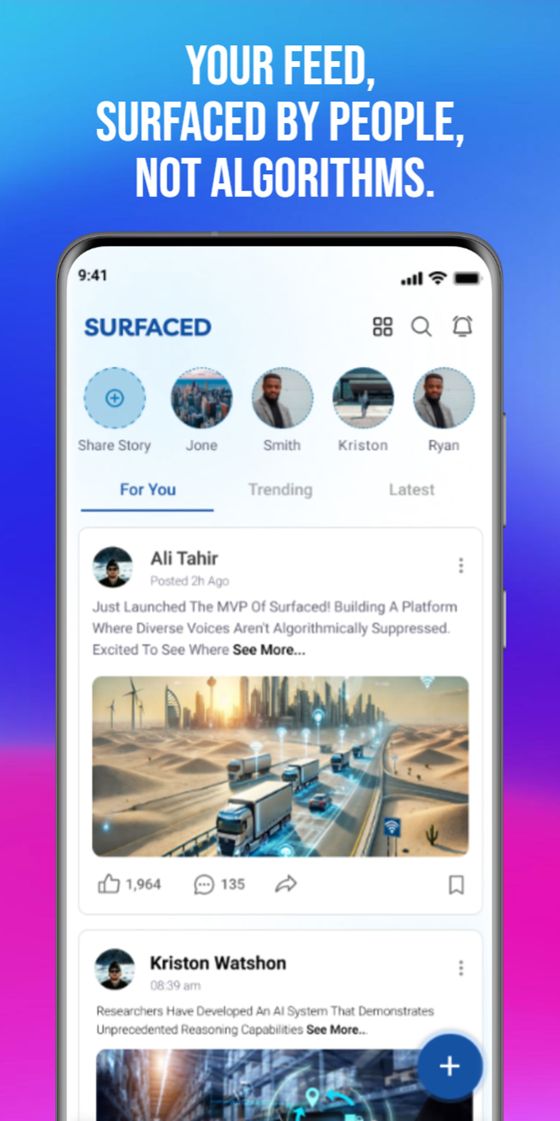Surfaced Social home feed showing posts surfaced by people, not algorithms