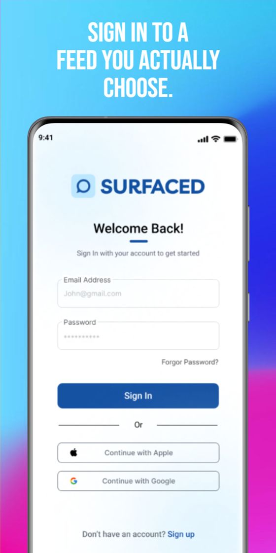 Surfaced Social login screen